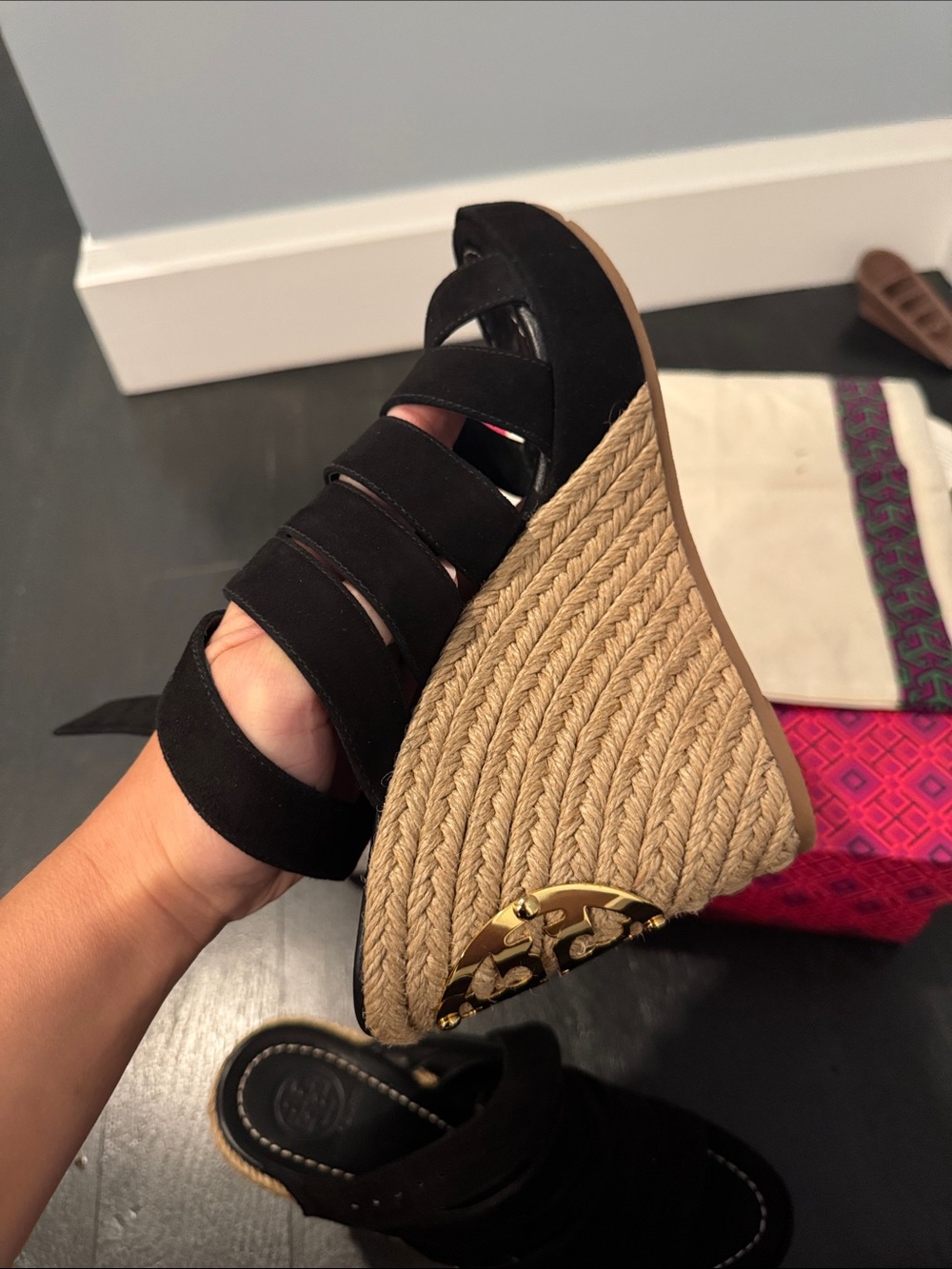 Tory Burch Black Suede Espadrille Wedge Sandals with Gold Logo - Picture 8 of 12